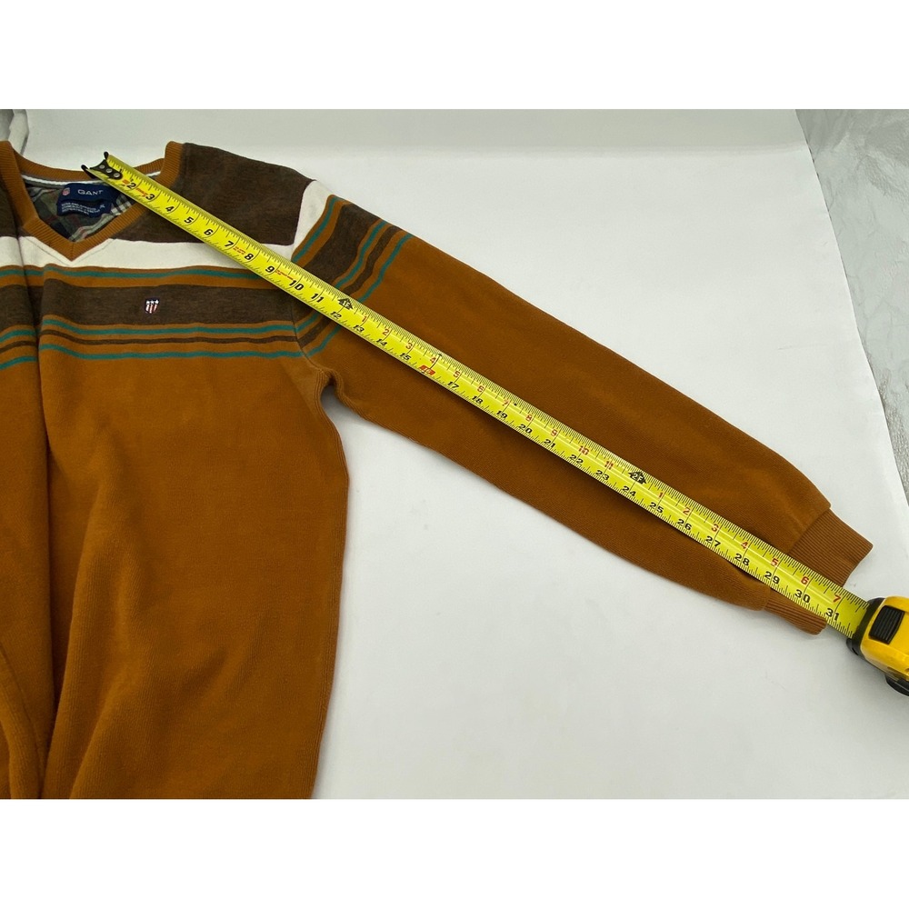 Gant Mens V-Neck Sweater 2XL Mustard Yellow Stripe Chest Logo Preppy Knit Jumper - Picture 6 of 12